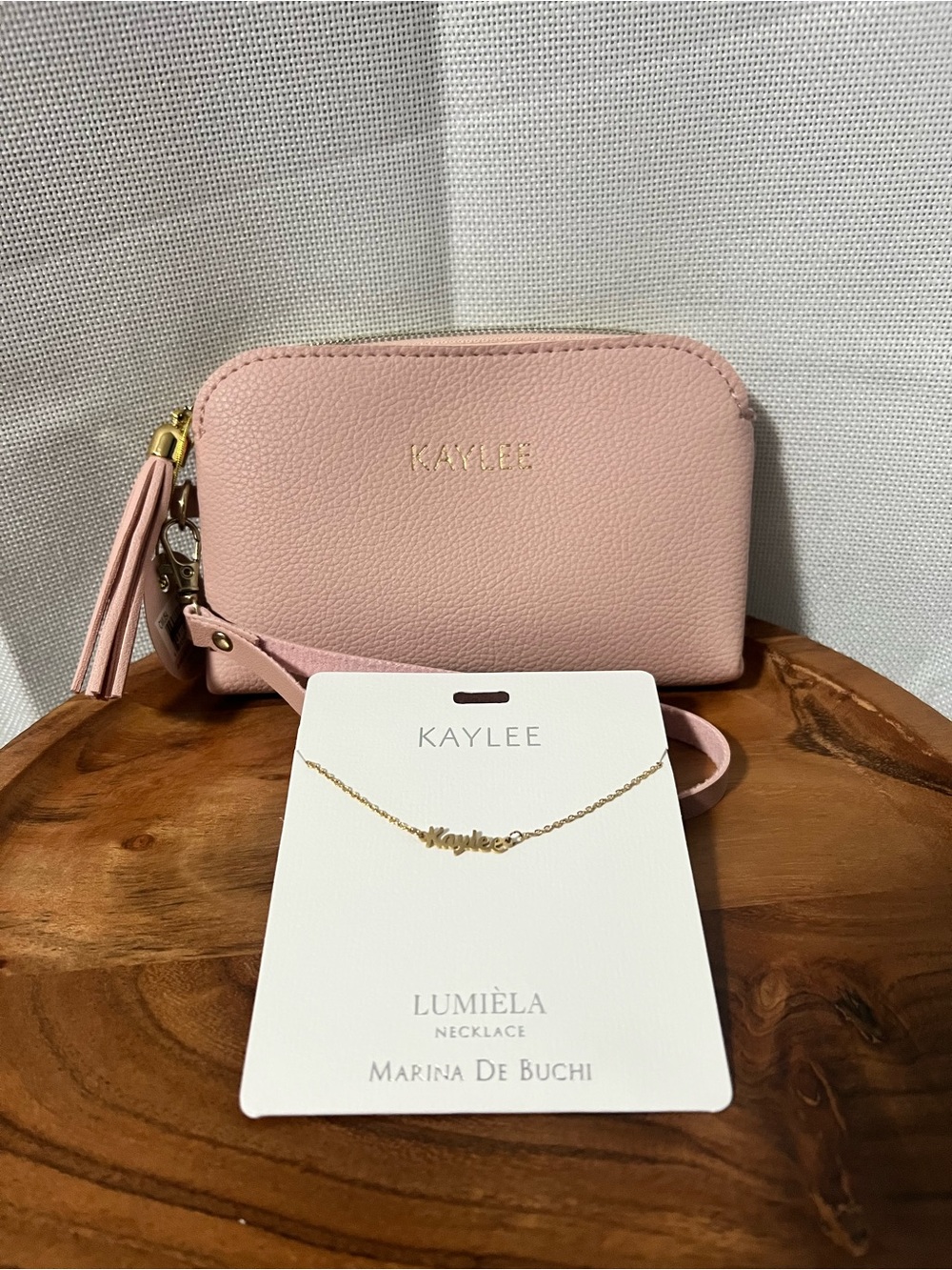 Lumiela "Kaylee" Personalized Necklace Nickel Free Gold Color & Pink Wristlet
